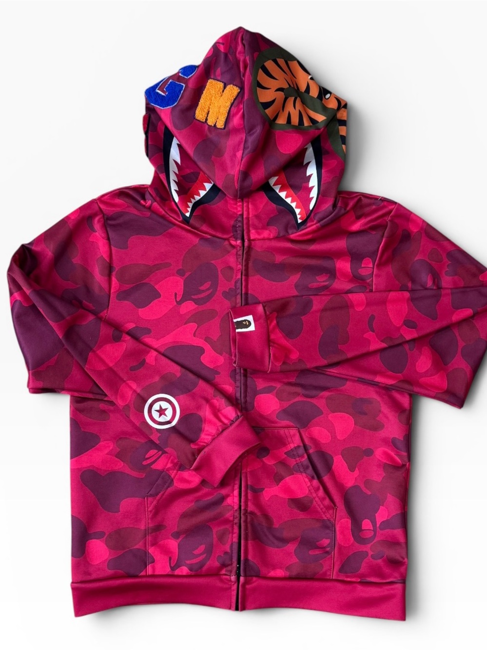 Fake BAPE Style Red Pink Camo Shark Full Zip Hoodie Fleece Lined Men’s Small